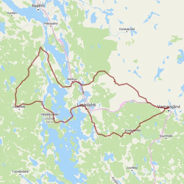 Karttaminiaatyyri "Gravel Adventure to Lapinlahti" pyöräilyinspiraatiosta alueella Pohjois- ja Itä-Suomi, Finland. Luotu Tarmacs.app pyöräilyreittisuunnittelijalla