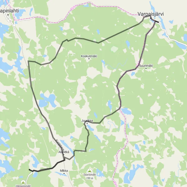 Map miniature of "Varpaisjärvi to Naarvanlahti Loop" cycling inspiration in Pohjois- ja Itä-Suomi, Finland. Generated by Tarmacs.app cycling route planner