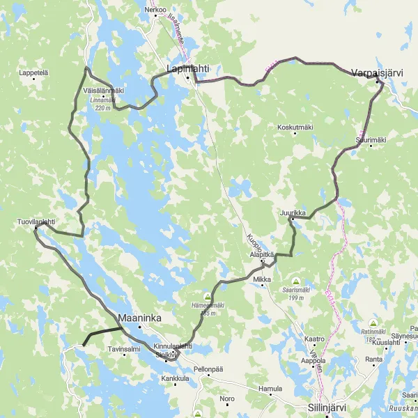 Map miniature of "Scenic Road Cycling: Alapitkä to Tuovilanlahti" cycling inspiration in Pohjois- ja Itä-Suomi, Finland. Generated by Tarmacs.app cycling route planner