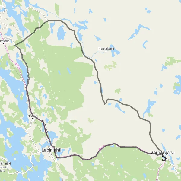 Map miniature of "Varpaisjärven kierros" cycling inspiration in Pohjois- ja Itä-Suomi, Finland. Generated by Tarmacs.app cycling route planner