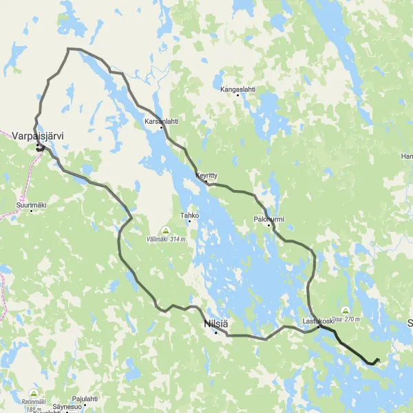 Karttaminiaatyyri "Tiepyöräilyreitti Varpaisjärveltä Nilsiään" pyöräilyinspiraatiosta alueella Pohjois- ja Itä-Suomi, Finland. Luotu Tarmacs.app pyöräilyreittisuunnittelijalla