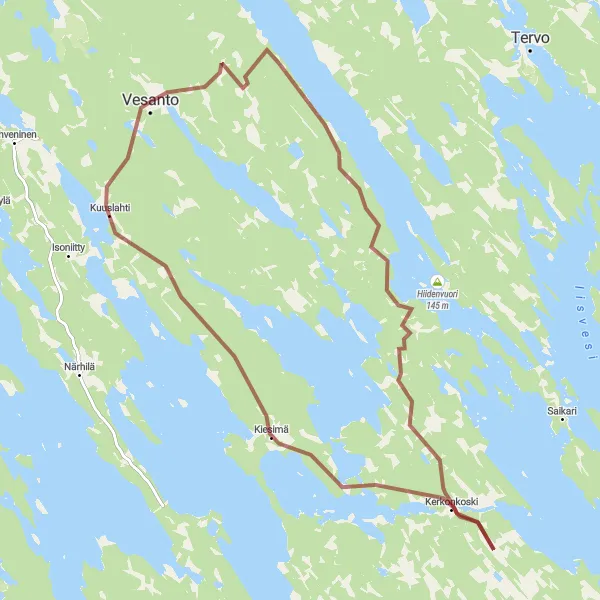 Map miniature of "Mustikkavuori Gravel Loop" cycling inspiration in Pohjois- ja Itä-Suomi, Finland. Generated by Tarmacs.app cycling route planner