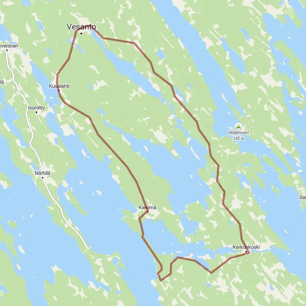 Map miniature of "Vesanto and Kerkonkoski Gravel Adventure" cycling inspiration in Pohjois- ja Itä-Suomi, Finland. Generated by Tarmacs.app cycling route planner