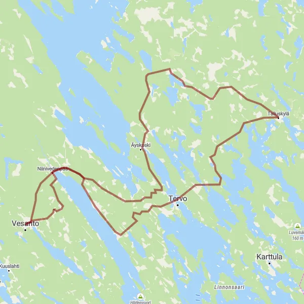 Map miniature of "Äyskoski and Tervo Gravel Escape" cycling inspiration in Pohjois- ja Itä-Suomi, Finland. Generated by Tarmacs.app cycling route planner