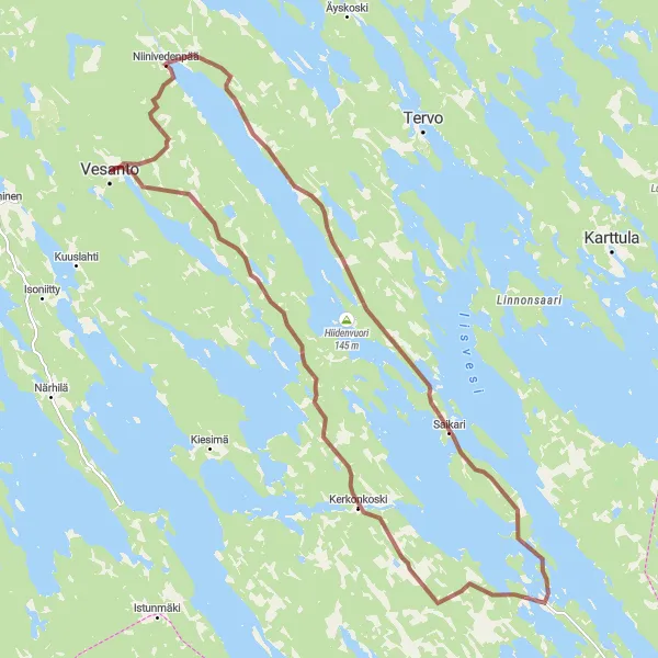 Map miniature of "The Lakeside Gravel Loop" cycling inspiration in Pohjois- ja Itä-Suomi, Finland. Generated by Tarmacs.app cycling route planner