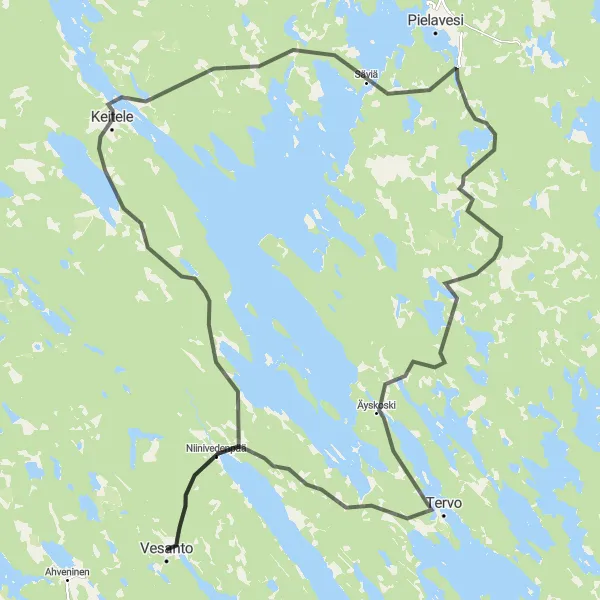 Map miniature of "Keitele Loop" cycling inspiration in Pohjois- ja Itä-Suomi, Finland. Generated by Tarmacs.app cycling route planner