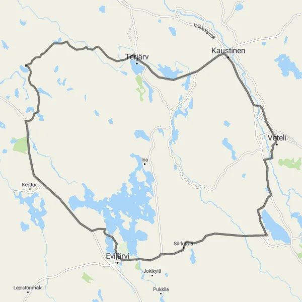 Map miniature of "Kaustinen Adventure" cycling inspiration in Pohjois- ja Itä-Suomi, Finland. Generated by Tarmacs.app cycling route planner