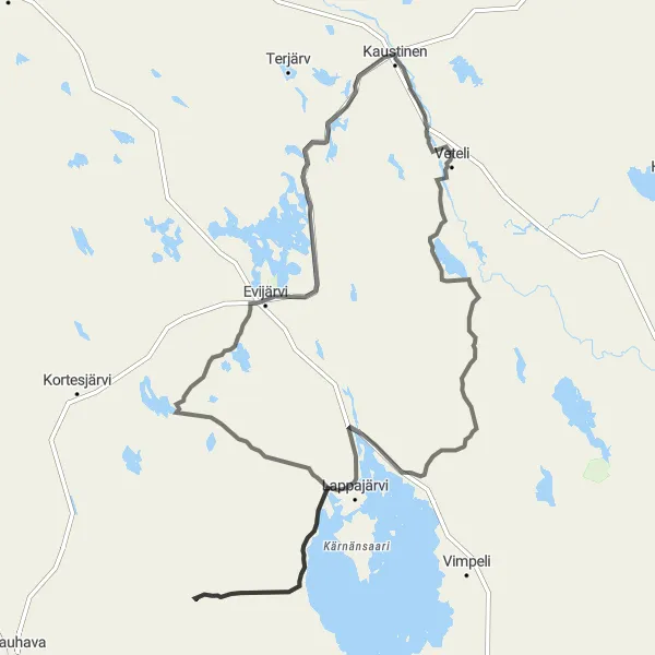 Karttaminiaatyyri "Veteli - Evijärvi - Kaustinen - Lappajärvi Retkipyöräily" pyöräilyinspiraatiosta alueella Pohjois- ja Itä-Suomi, Finland. Luotu Tarmacs.app pyöräilyreittisuunnittelijalla