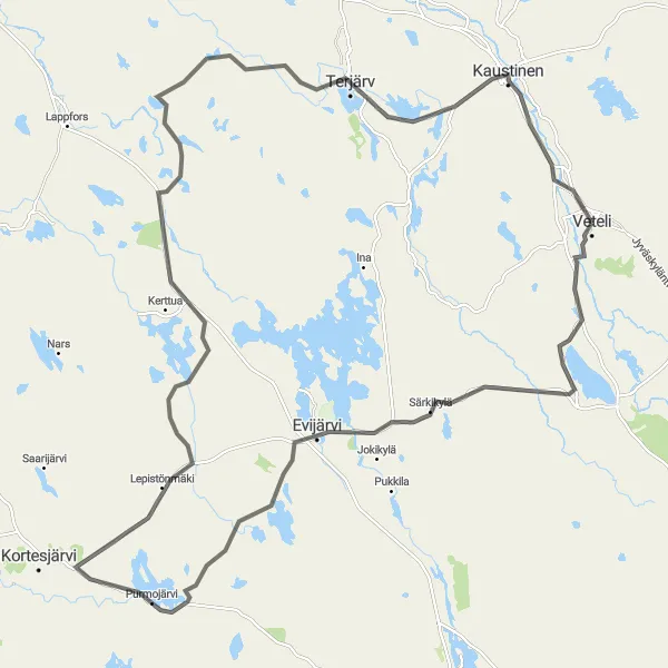 Map miniature of "The Adventurous Loop from Veteli to Kuoppa-aho" cycling inspiration in Pohjois- ja Itä-Suomi, Finland. Generated by Tarmacs.app cycling route planner