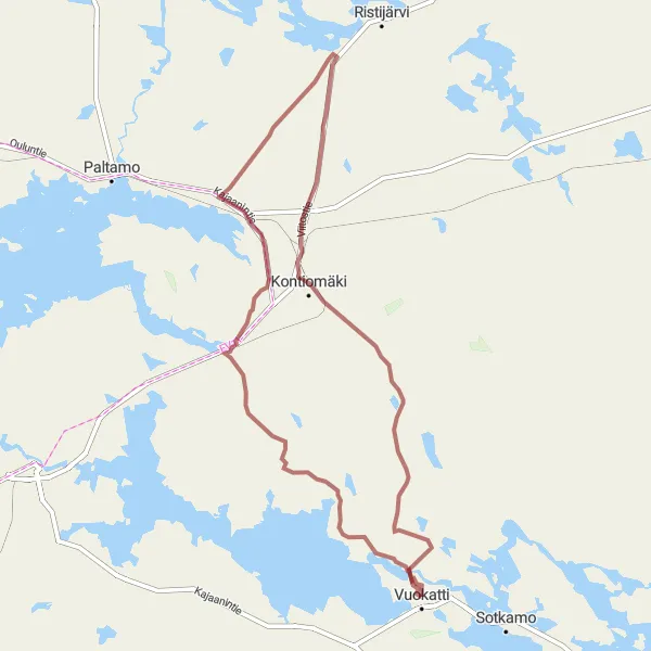 Map miniature of "Vuokatti-Kontiomäki Adventure" cycling inspiration in Pohjois- ja Itä-Suomi, Finland. Generated by Tarmacs.app cycling route planner