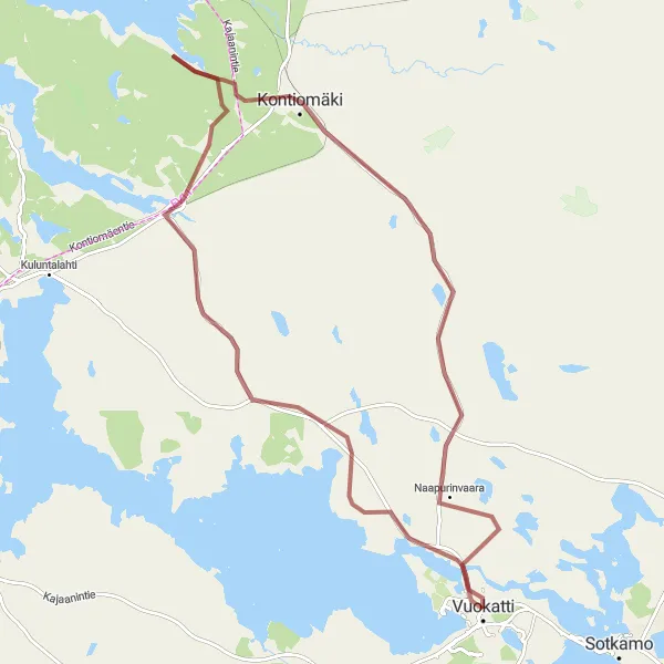 Map miniature of "Vuokatti to Naapurinvaara via Kontiomäki" cycling inspiration in Pohjois- ja Itä-Suomi, Finland. Generated by Tarmacs.app cycling route planner