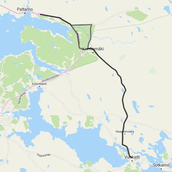 Map miniature of "Vuokatti-Kontiomäki Route" cycling inspiration in Pohjois- ja Itä-Suomi, Finland. Generated by Tarmacs.app cycling route planner