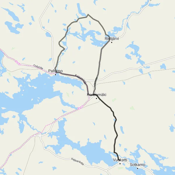 Map miniature of "Vuokatti-Paltamo Road Tour" cycling inspiration in Pohjois- ja Itä-Suomi, Finland. Generated by Tarmacs.app cycling route planner