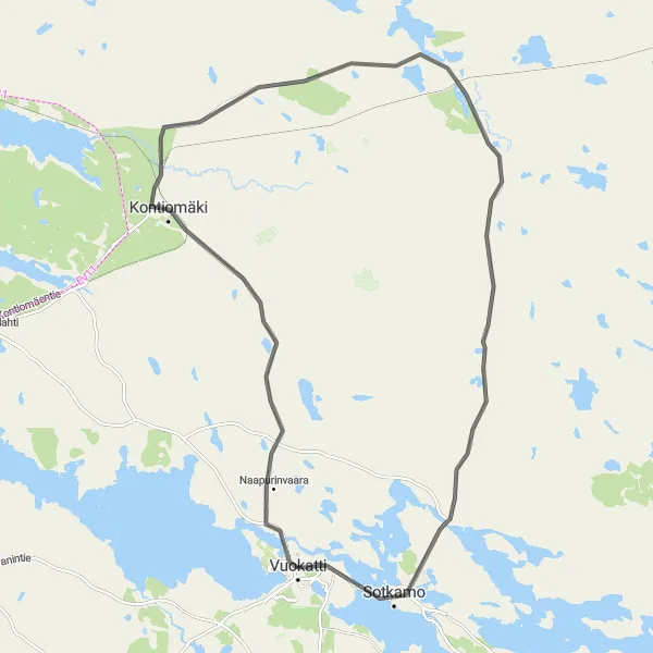 Map miniature of "Scenic Roads and Cultural Delights: Vuokatti to Perhe Maalaus" cycling inspiration in Pohjois- ja Itä-Suomi, Finland. Generated by Tarmacs.app cycling route planner