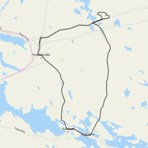 Map miniature of "Road Cycling Adventure: Vuokatti to Perhe Maalaus" cycling inspiration in Pohjois- ja Itä-Suomi, Finland. Generated by Tarmacs.app cycling route planner