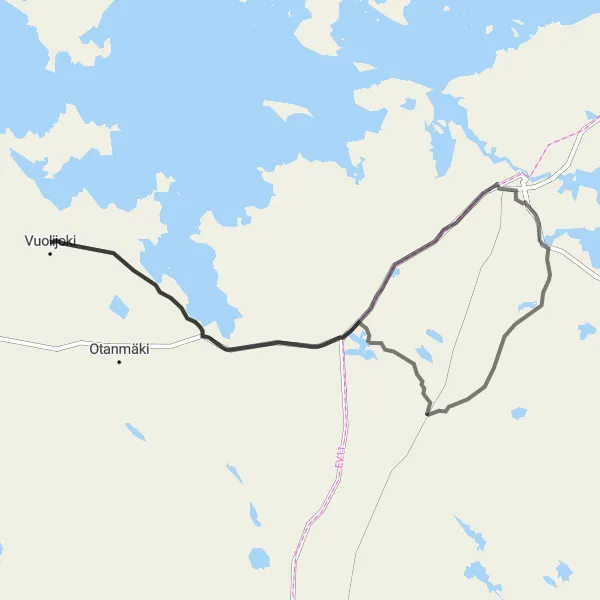 Map miniature of "Vuolijoki - Lohtaja - Murtomäki - Kota Loop" cycling inspiration in Pohjois- ja Itä-Suomi, Finland. Generated by Tarmacs.app cycling route planner