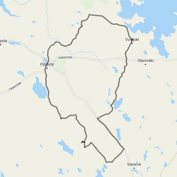 Map miniature of "Vuolijoki - Pyhäntä - Pyhännänjärvi Loop" cycling inspiration in Pohjois- ja Itä-Suomi, Finland. Generated by Tarmacs.app cycling route planner