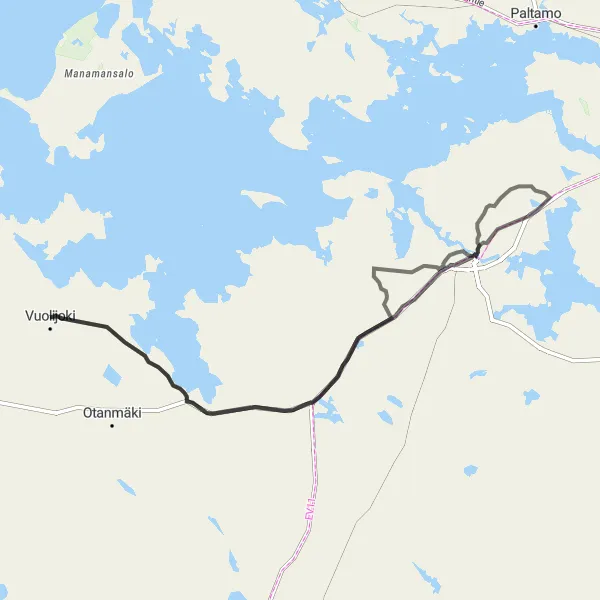 Karttaminiaatyyri "Vuolijoki - Kajaani - Kota Road Cycling Route" pyöräilyinspiraatiosta alueella Pohjois- ja Itä-Suomi, Finland. Luotu Tarmacs.app pyöräilyreittisuunnittelijalla