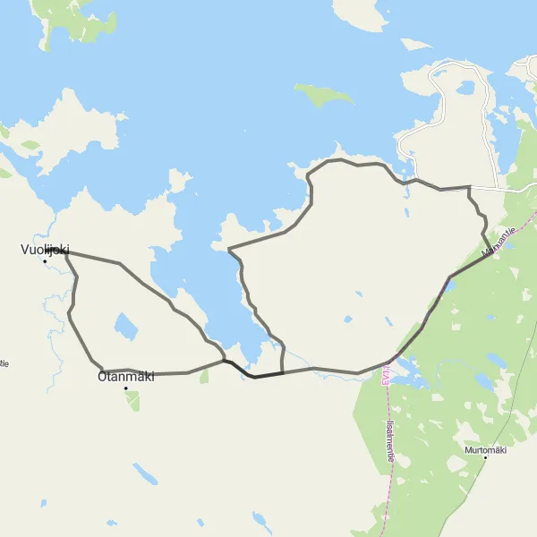 Karttaminiaatyyri "Vuolijoki - Otanmäki - Kota Road Cycling Route" pyöräilyinspiraatiosta alueella Pohjois- ja Itä-Suomi, Finland. Luotu Tarmacs.app pyöräilyreittisuunnittelijalla