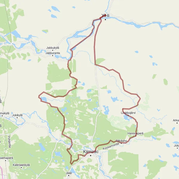 Karttaminiaatyyri "Isosaari - Kiiminki - Tirinkylä kierros" pyöräilyinspiraatiosta alueella Pohjois- ja Itä-Suomi, Finland. Luotu Tarmacs.app pyöräilyreittisuunnittelijalla