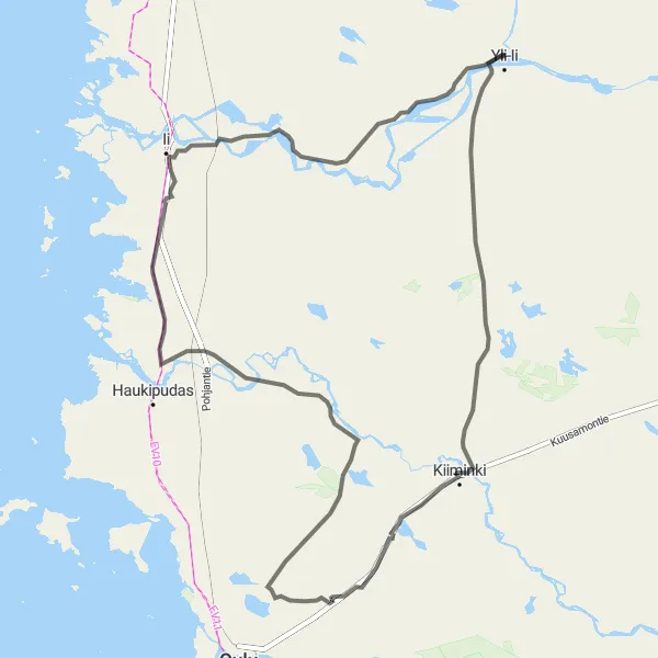 Map miniature of "Scenic Road Cycling Route in Yli-Ii" cycling inspiration in Pohjois- ja Itä-Suomi, Finland. Generated by Tarmacs.app cycling route planner