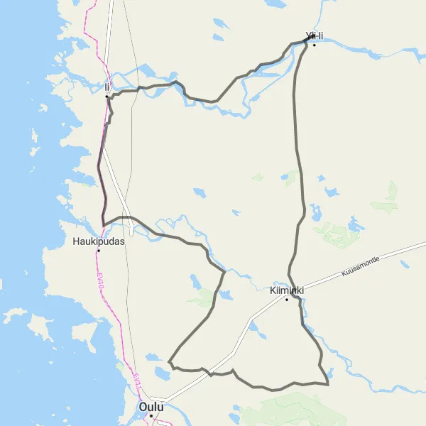 Map miniature of "Iijoki Circuit" cycling inspiration in Pohjois- ja Itä-Suomi, Finland. Generated by Tarmacs.app cycling route planner