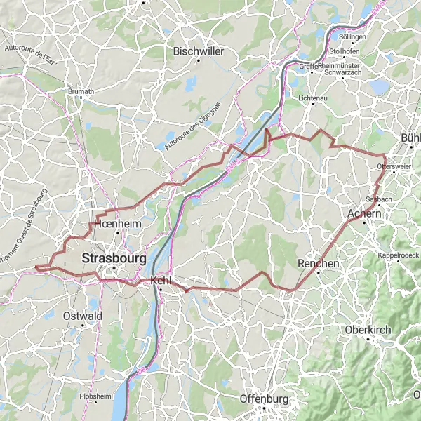 Miniature de la carte de l'inspiration cycliste "Tour des Vignobles d'Alsace" dans la Alsace, France. Générée par le planificateur d'itinéraire cycliste Tarmacs.app