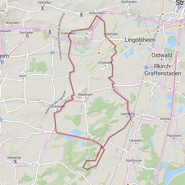 Miniature de la carte de l'inspiration cycliste "Le Circuit des Vignobles" dans la Alsace, France. Générée par le planificateur d'itinéraire cycliste Tarmacs.app