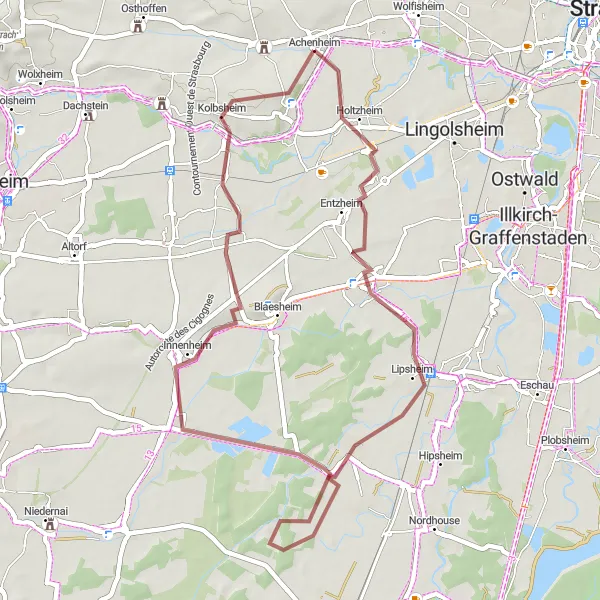 Map miniature of "Holtzheim Gravel Loop" cycling inspiration in Alsace, France. Generated by Tarmacs.app cycling route planner