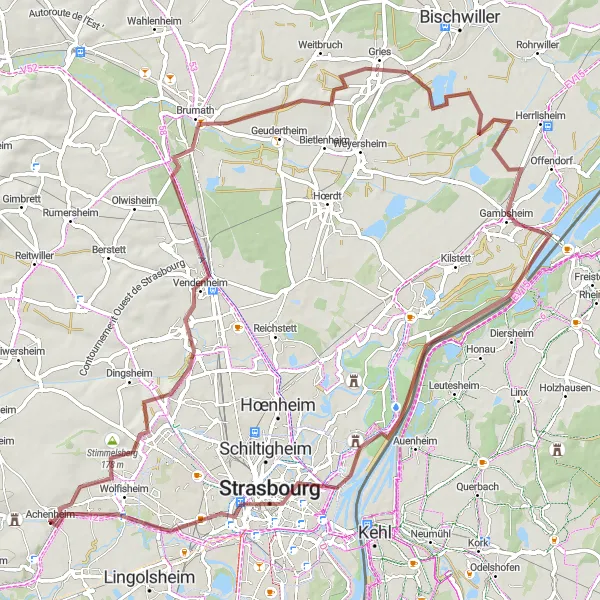 Map miniature of "Achenheim Gravel Adventure" cycling inspiration in Alsace, France. Generated by Tarmacs.app cycling route planner