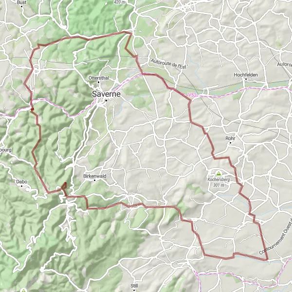 Miniature de la carte de l'inspiration cycliste "La boucle des châteaux et des collines" dans la Alsace, France. Générée par le planificateur d'itinéraire cycliste Tarmacs.app
