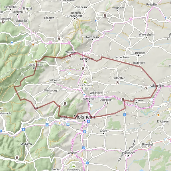 Map miniature of "Molsheim Gravel Adventure" cycling inspiration in Alsace, France. Generated by Tarmacs.app cycling route planner