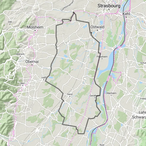 Map miniature of "Lingolsheim to Kolbsheim (Variant)" cycling inspiration in Alsace, France. Generated by Tarmacs.app cycling route planner