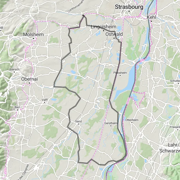 Map miniature of "Lingolsheim to Kolbsheim" cycling inspiration in Alsace, France. Generated by Tarmacs.app cycling route planner