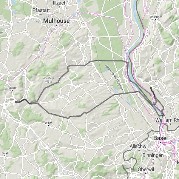 Miniature de la carte de l'inspiration cycliste "Tour de la région d'Altkirch" dans la Alsace, France. Générée par le planificateur d'itinéraire cycliste Tarmacs.app