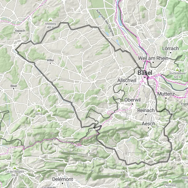 Miniature de la carte de l'inspiration cycliste "Aventure à vélo à travers les villages alsaciens" dans la Alsace, France. Générée par le planificateur d'itinéraire cycliste Tarmacs.app