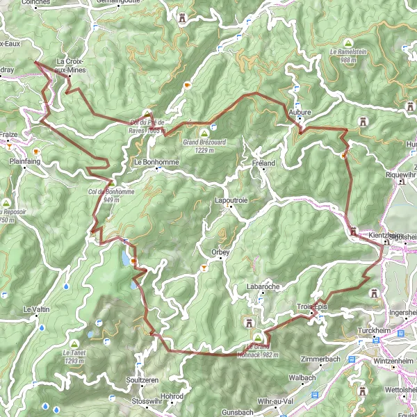 Miniature de la carte de l'inspiration cycliste "Les sentiers gravel des Vosges" dans la Alsace, France. Générée par le planificateur d'itinéraire cycliste Tarmacs.app