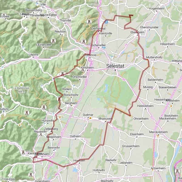 Miniature de la carte de l'inspiration cycliste "Les Châteaux et les Vignobles" dans la Alsace, France. Générée par le planificateur d'itinéraire cycliste Tarmacs.app