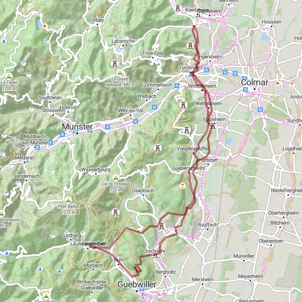Miniature de la carte de l'inspiration cycliste "L'aventure en gravel autour de Turckheim" dans la Alsace, France. Générée par le planificateur d'itinéraire cycliste Tarmacs.app