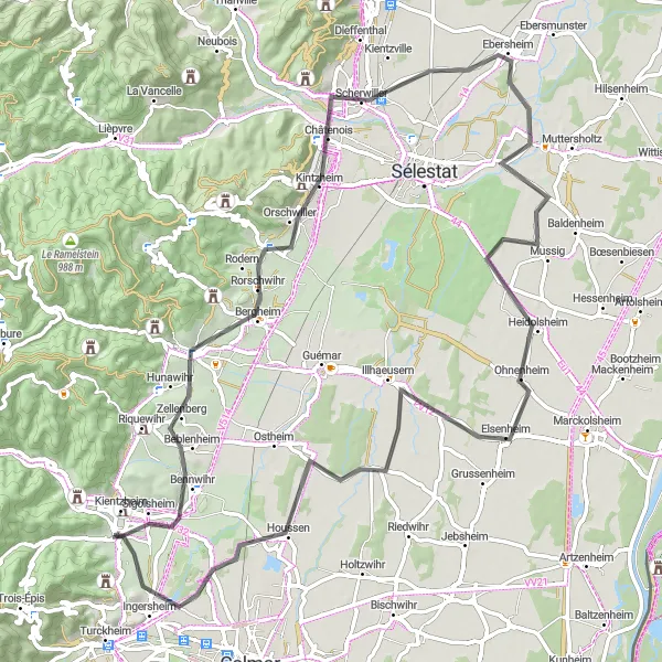 Miniature de la carte de l'inspiration cycliste "Les Châteaux et les Villages" dans la Alsace, France. Générée par le planificateur d'itinéraire cycliste Tarmacs.app
