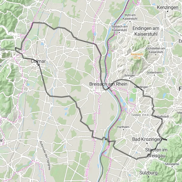Miniature de la carte de l'inspiration cycliste "Sur les Routes du Rhin" dans la Alsace, France. Générée par le planificateur d'itinéraire cycliste Tarmacs.app