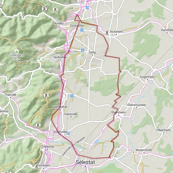 Map miniature of "Scenic Gravel Ride: Andlau to Sélestat" cycling inspiration in Alsace, France. Generated by Tarmacs.app cycling route planner