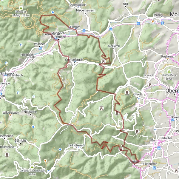Map miniature of "Challenging Gravel Loop: Andlau to Mont Sainte-Odile" cycling inspiration in Alsace, France. Generated by Tarmacs.app cycling route planner