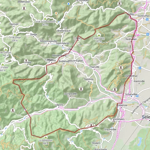Map miniature of "Alsace Gravel Adventure: Dieffenthal to Andlau" cycling inspiration in Alsace, France. Generated by Tarmacs.app cycling route planner