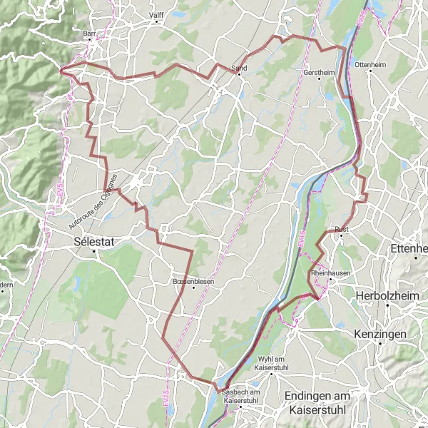 Map miniature of "Scenic Gravel Tour: Andlau to Limberg" cycling inspiration in Alsace, France. Generated by Tarmacs.app cycling route planner