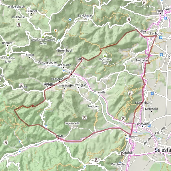 Map miniature of "The Vosges Mountain Gravel Adventure" cycling inspiration in Alsace, France. Generated by Tarmacs.app cycling route planner