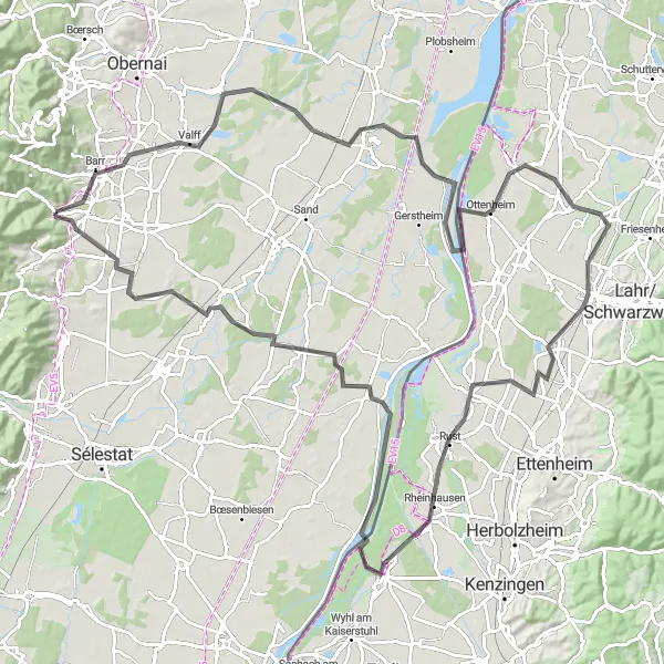 Map miniature of "The Wine Route Adventure" cycling inspiration in Alsace, France. Generated by Tarmacs.app cycling route planner