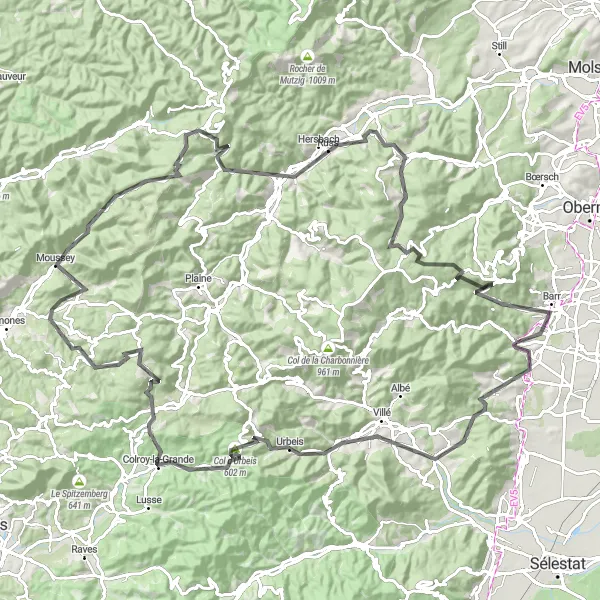 Map miniature of "The Vosges Challenge Plus" cycling inspiration in Alsace, France. Generated by Tarmacs.app cycling route planner