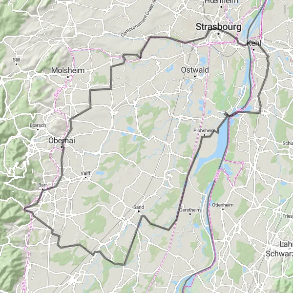 Miniature de la carte de l'inspiration cycliste "Circuit du Kastelberg" dans la Alsace, France. Générée par le planificateur d'itinéraire cycliste Tarmacs.app