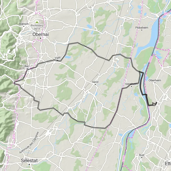 Map miniature of "The Rhine River Road Tour" cycling inspiration in Alsace, France. Generated by Tarmacs.app cycling route planner